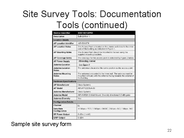 Site Survey Tools: Documentation Tools (continued) Sample site survey form 22 