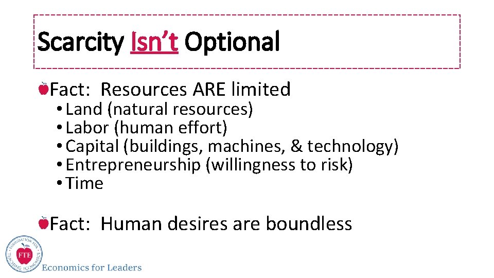 Scarcity Isn’t Optional Fact: Resources ARE limited • Land (natural resources) • Labor (human