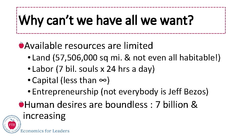 Why can’t we have all we want? Available resources are limited • Land (57,