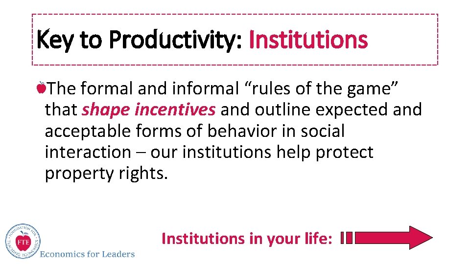 Key to Productivity: Institutions The formal and informal “rules of the game” that shape