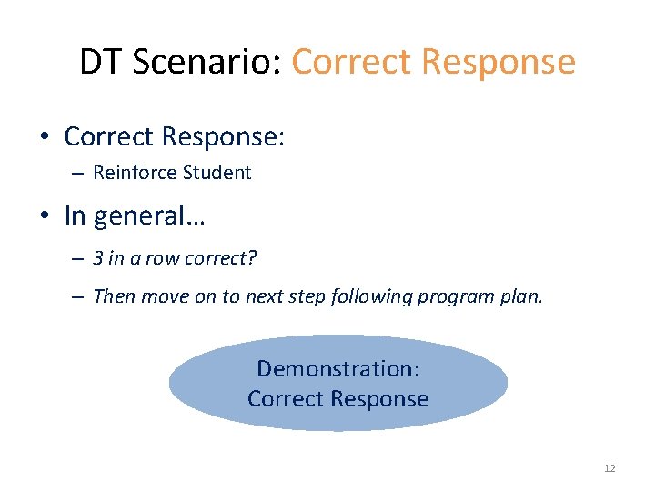 DT Scenario: Correct Response • Correct Response: – Reinforce Student • In general… –