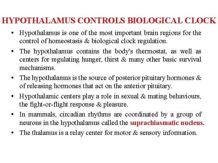 HYPOTHALAMUS CONTROLS BIOLOGICAL CLOCK • Hypothalamus is one of the most important brain regions