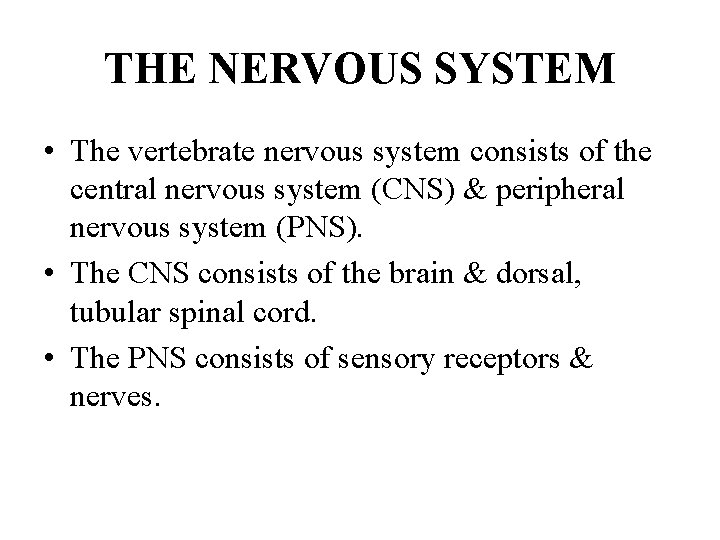 THE NERVOUS SYSTEM • The vertebrate nervous system consists of the central nervous system