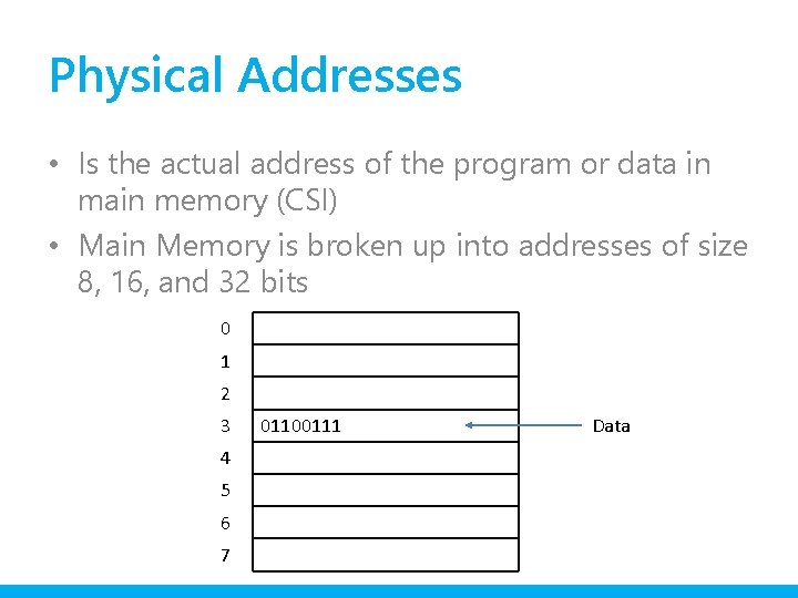 Physical Addresses • Is the actual address of the program or data in main