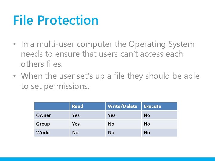 File Protection • In a multi-user computer the Operating System needs to ensure that