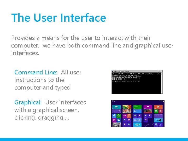The User Interface Provides a means for the user to interact with their computer.