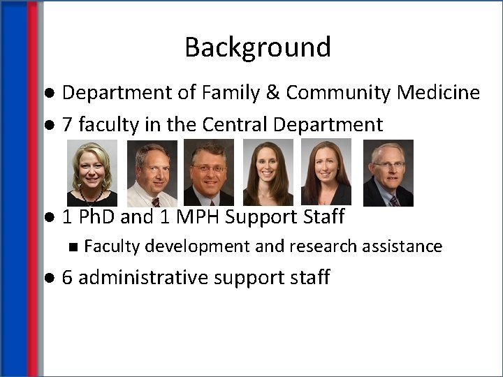 Background ● Department of Family & Community Medicine ● 7 faculty in the Central