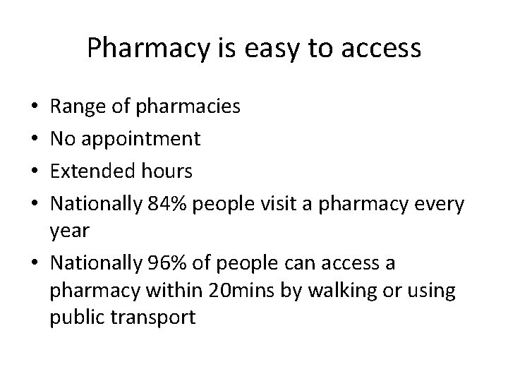 Pharmacy is easy to access Range of pharmacies No appointment Extended hours Nationally 84%