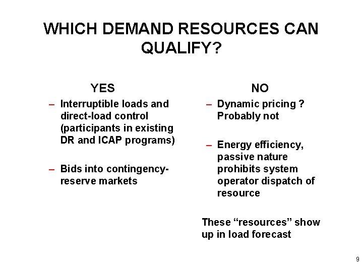 WHICH DEMAND RESOURCES CAN QUALIFY? YES – Interruptible loads and direct-load control (participants in