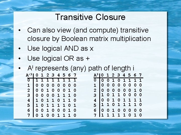 Transitive Closure • Can also view (and compute) transitive closure by Boolean matrix multiplication