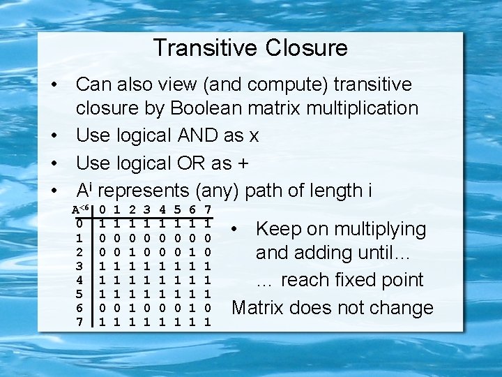 Transitive Closure • Can also view (and compute) transitive closure by Boolean matrix multiplication