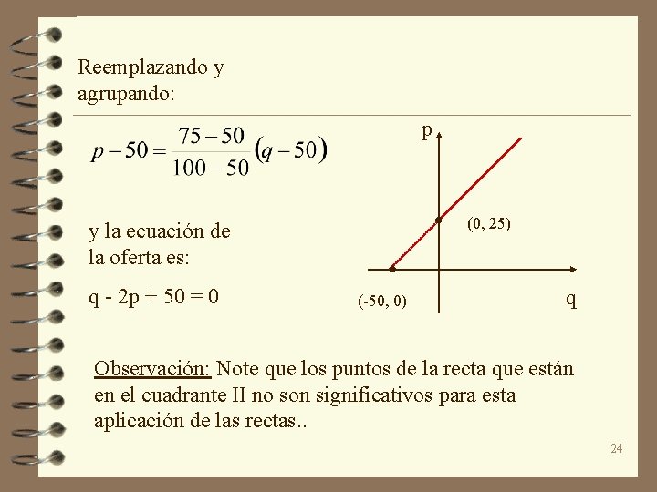 Reemplazando y agrupando: p (0, 25) y la ecuación de la oferta es: q