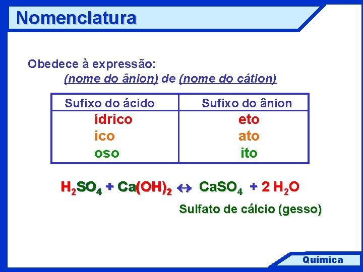 Nomenclatura Obedece à expressão: (nome do ânion) de (nome do cátion) Sufixo do ácido