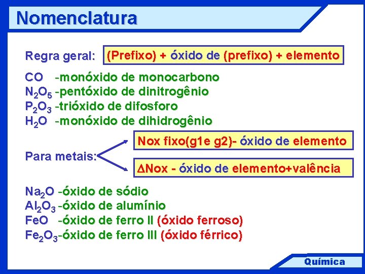 Nomenclatura Regra geral: (Prefixo) + óxido de (prefixo) + elemento CO -monóxido de monocarbono