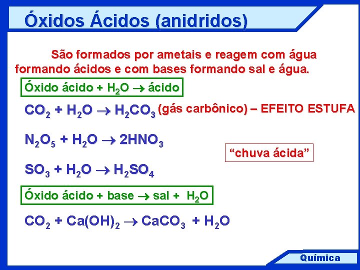 Óxidos Ácidos (anidridos) São formados por ametais e reagem com água formando ácidos e