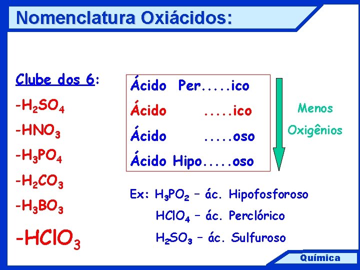 Nomenclatura Oxiácidos: Clube dos 6: -H 2 SO 4 -HNO 3 -H 3 PO