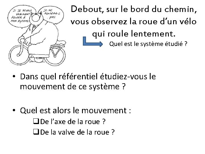 Debout, sur le bord du chemin, vous observez la roue d’un vélo qui roule