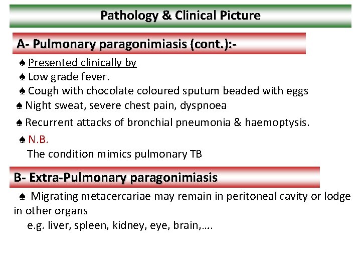 Pathology & Clinical Picture A- Pulmonary paragonimiasis (cont. ): ♠ Presented clinically by ♠