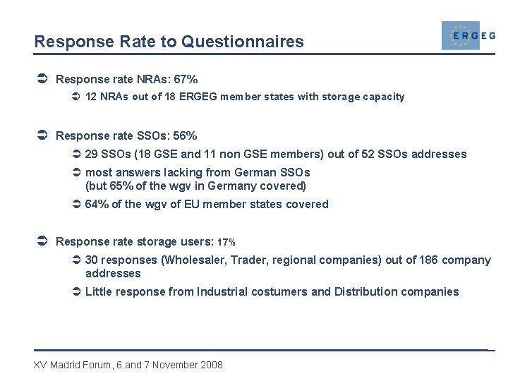 Response Rate to Questionnaires Ü Response rate NRAs: 67% Ü 12 NRAs out of
