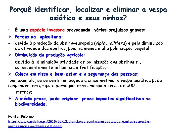 Porquê identificar, localizar e eliminar a vespa asiática e seus ninhos? • É uma