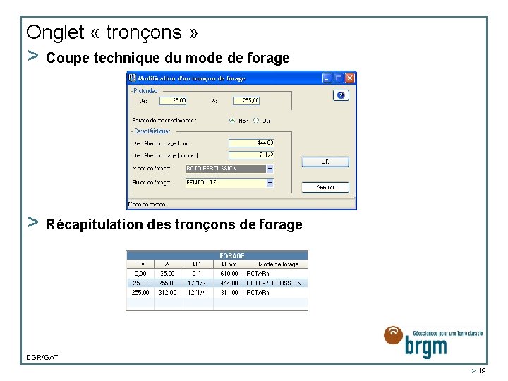 Onglet « tronçons » > Coupe technique du mode de forage > Récapitulation des