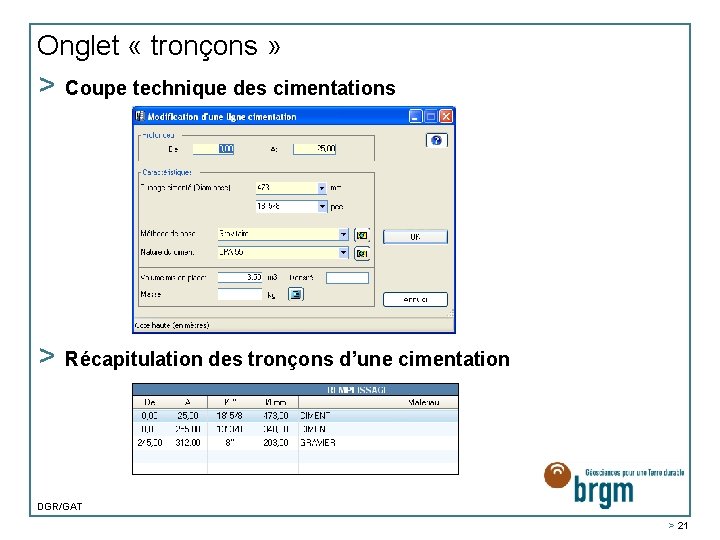 Onglet « tronçons » > Coupe technique des cimentations > Récapitulation des tronçons d’une