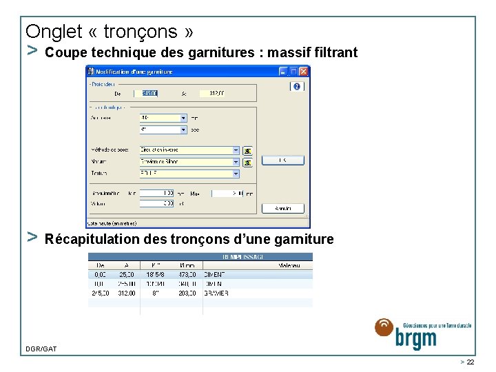 Onglet « tronçons » > Coupe technique des garnitures : massif filtrant > Récapitulation