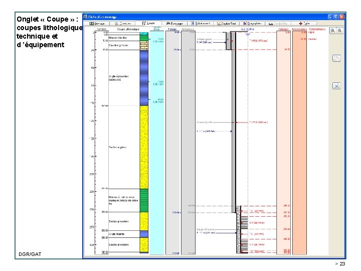 Onglet « Coupe » : coupes lithologique, technique et d ’équipement DGR/GAT > 23