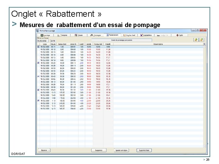 Onglet « Rabattement » > Mesures de rabattement d’un essai de pompage DGR/GAT >