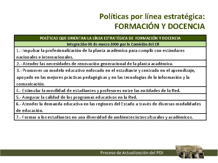 Políticas por línea estratégica: FORMACIÓN Y DOCENCIA POLÍTICAS QUE ORIENTAN LA LÍNEA ESTRATÉGICA DE