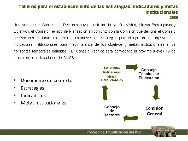 Talleres para el establecimiento de las estrategias, indicadores y metas institucionales 2009 Una vez