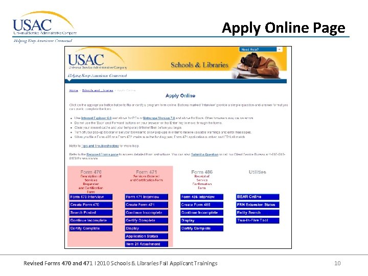 Apply Online Page Revised Forms 470 and 471 I 2010 Schools & Libraries Fall