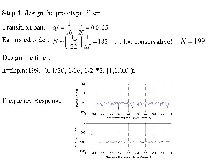 Step 1: design the prototype filter: Transition band: Estimated order: … too conservative! Design
