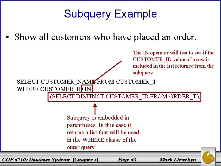 Subquery Example • Show all customers who have placed an order. The IN operator