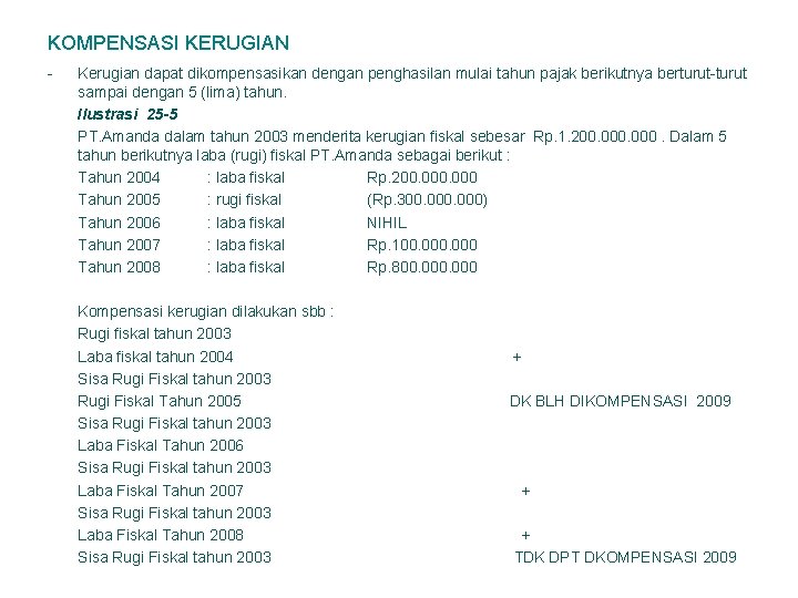 KOMPENSASI KERUGIAN - Kerugian dapat dikompensasikan dengan penghasilan mulai tahun pajak berikutnya berturut-turut sampai