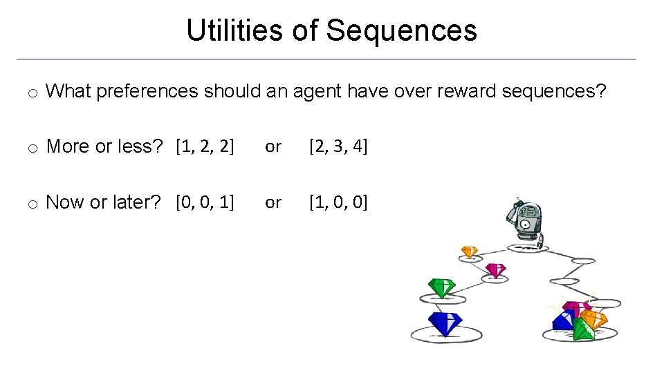 Utilities of Sequences o What preferences should an agent have over reward sequences? o