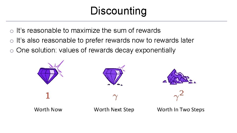 Discounting o It’s reasonable to maximize the sum of rewards o It’s also reasonable