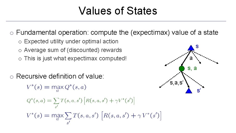 Values of States o Fundamental operation: compute the (expectimax) value of a state o