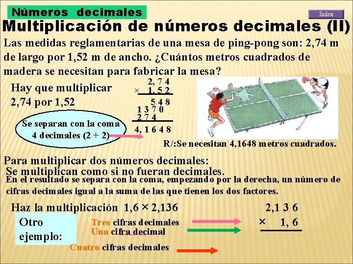 Números decimales Multiplicación de números decimales (II) Las medidas reglamentarias de una mesa de