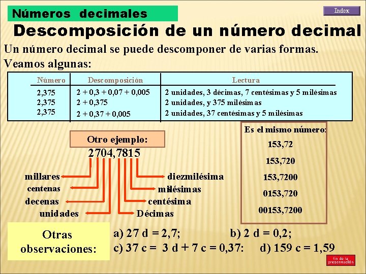 Números decimales Descomposición de un número decimal Un número decimal se puede descomponer de