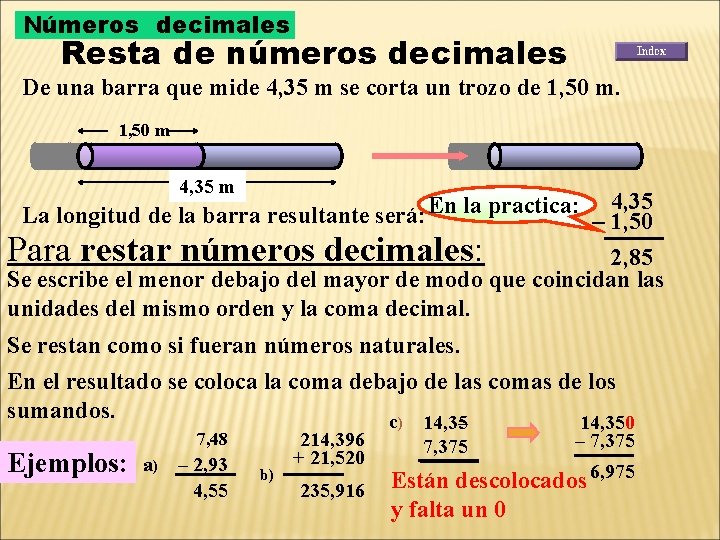Números decimales Resta de números decimales De una barra que mide 4, 35 m
