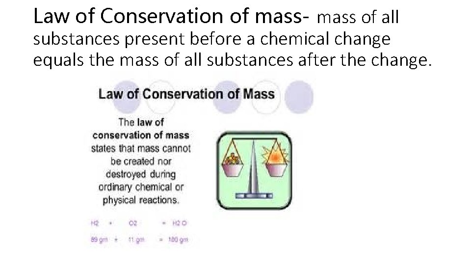 Law of Conservation of mass- mass of all substances present before a chemical change