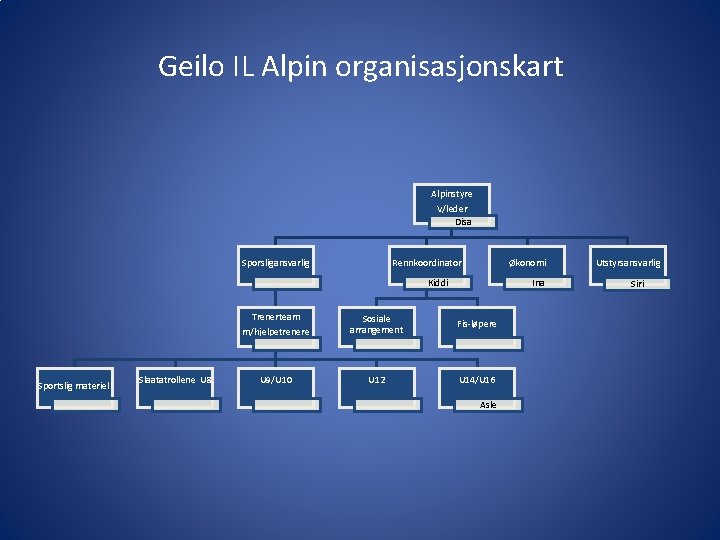 Geilo IL Alpin organisasjonskart Alpinstyre V/leder Disa Sporsligansvarlig Rennkoordinator Økonomi Kiddi Trenerteam Sportslig materiell