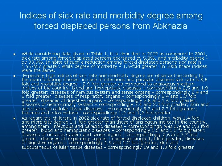 Indices of sick rate and morbidity degree among forced displaced persons from Abkhazia n