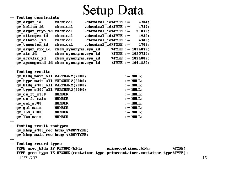 Setup Data -- Testing constraints gv_argon_id chemical_id%TYPE : = 4704; gv_helium_id chemical_id%TYPE : =