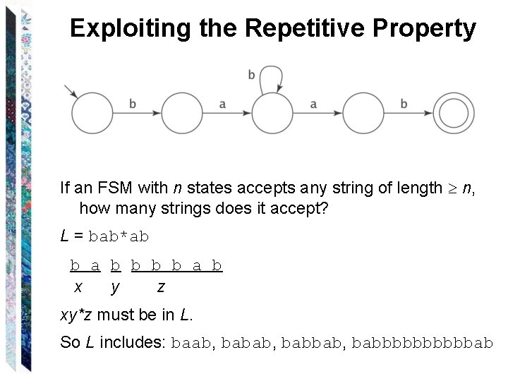 Exploiting the Repetitive Property If an FSM with n states accepts any string of