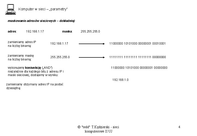 Komputer w sieci – „parametry” maskowanie adresów sieciowych – dokładniej: adres: 192. 168. 1.