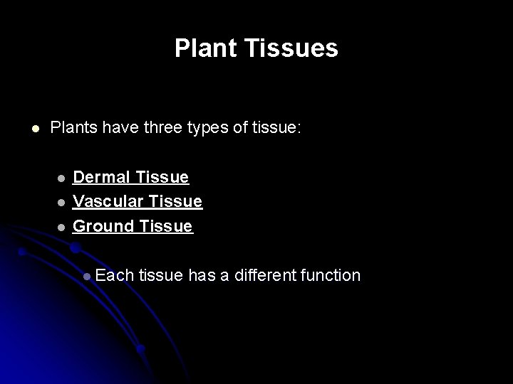 Plant Tissues l Plants have three types of tissue: l l l Dermal Tissue