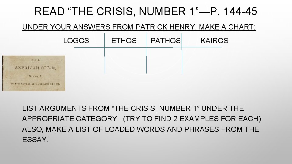 READ “THE CRISIS, NUMBER 1”—P. 144 -45 UNDER YOUR ANSWERS FROM PATRICK HENRY, MAKE