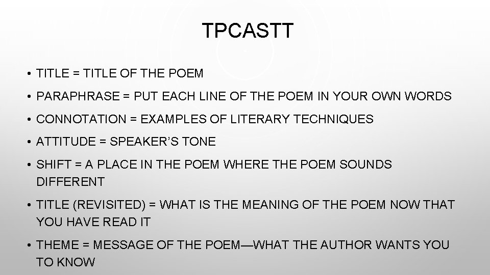 TPCASTT • TITLE = TITLE OF THE POEM • PARAPHRASE = PUT EACH LINE